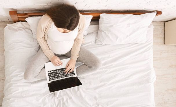 Young pregnant woman browsing on laptop at home - Photo, image