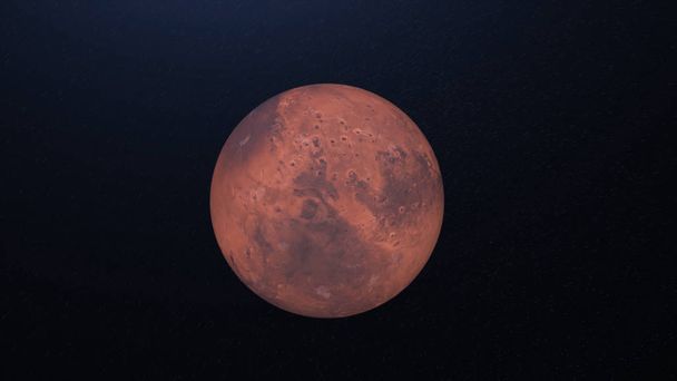 Абстрактно реалистичная красивая планета Марс на фоне дальнего космоса. Анимация. Полет над Марсом, черная тень, движущаяся и скрывающая поверхность планеты, концепция астрономии
. - Фото, изображение