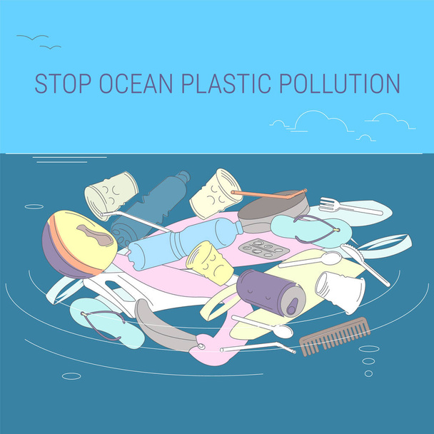 Meressä on muoviroskaa. Ympäristön saastuminen. Ekologinen katastrofi
 - Vektori, kuva