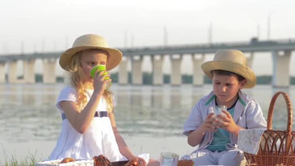 charmante enfant affamé fille et garçon en chapeaux de paille manger des produits de boulangerie sucrés et boire du lait frais pendant le pique-nique dans la nature près de la rivière
 - Séquence, vidéo