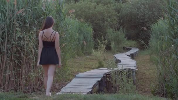 молода красива жінка гуляє по дерев'яному мосту босоніж на відкритому повітрі і насолоджується природою серед трав'яного очерету
 - Кадри, відео