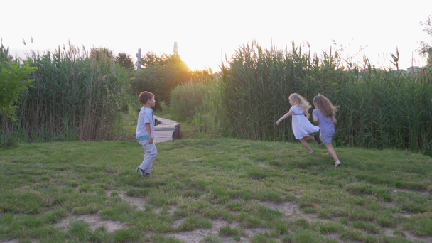 щасливі друзі, веселі активні діти хлопчик і дівчатка грають на зеленому газоні в природі на сонячному світлі
 - Кадри, відео