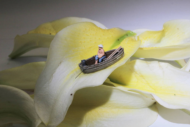 a mini figura está pescando na flor
 - Foto, Imagem