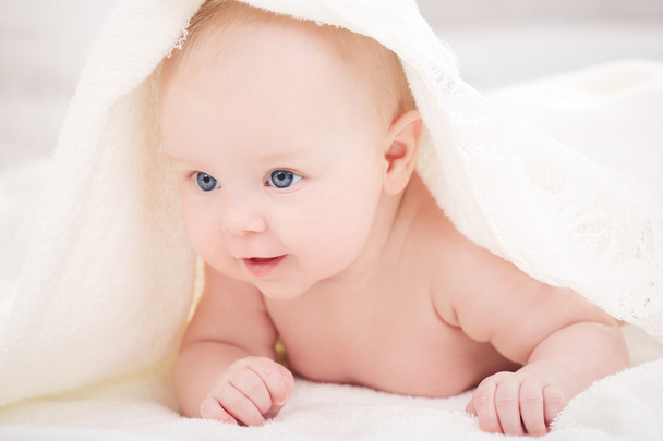 Baby under a white blanket - 写真・画像