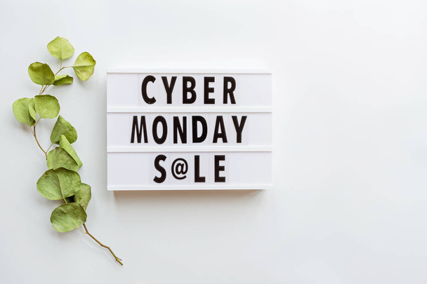 Creative promotion composition Cyber monday sale text on lightbox, eucalyptus branch on white background. Flat lay, top view, overhead, mockup, copy space, template - Фото, зображення