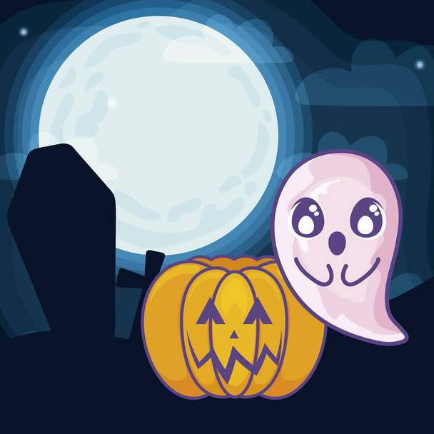 Хэллоуинская тыква с призраком на сцене Хэллоуина
 - Вектор,изображение