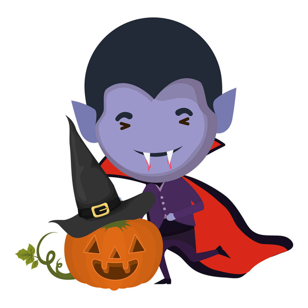 aranyos kisfiú Drakula jelmez és tök - Vektor, kép