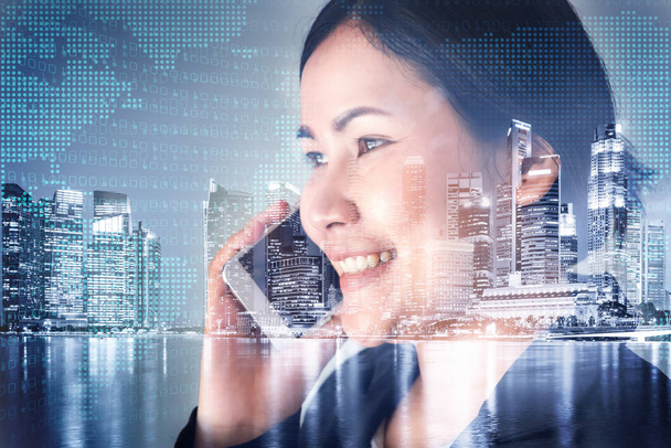 Telecommunication and Communication 5G Network Concept, Double Exposure of Business Woman is Using Smart Phone for Calling Communicated and City Urban Background. Innovative 5G Networking Mobile Phone - Photo, Image