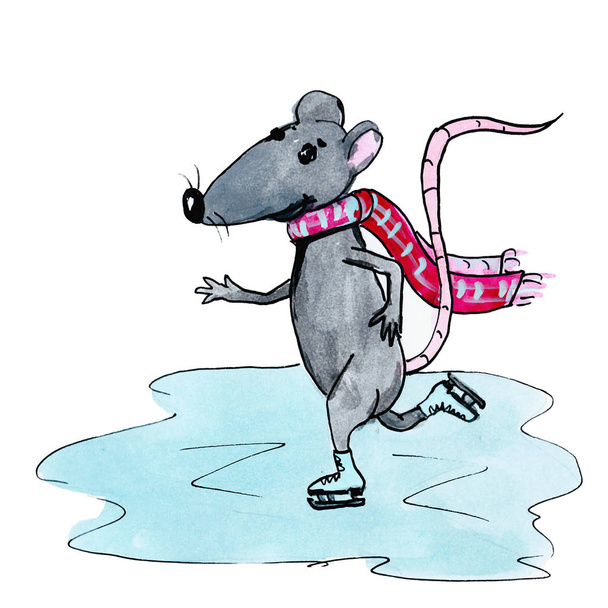 New Year's rat, the symbol of 2020 on the Chinese calendar, skates. Watercolor drawing of a gray rat in a scarf for postcard - Photo, Image