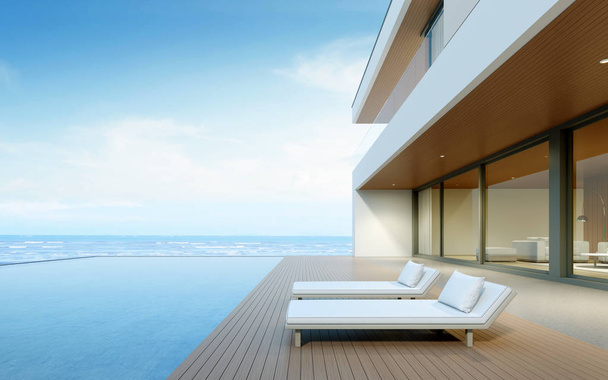 Προοπτική του σύγχρονου πολυτελούς σπιτιού με ξύλινη βεράντα και πισίνα στο φόντο θέα στη θάλασσα, Ιδέα του minimal αρχιτεκτονικού σχεδιασμού. 3d απόδοση. - Φωτογραφία, εικόνα