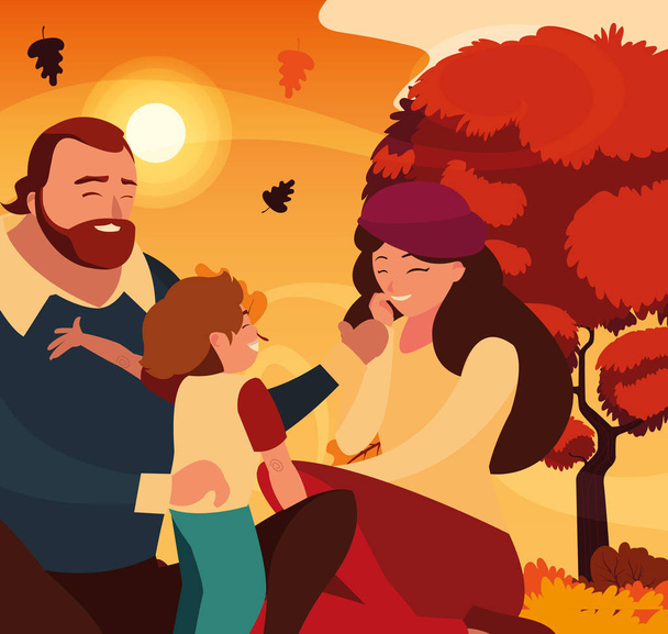 mother and father with son in autumn vector design - Vector, Image