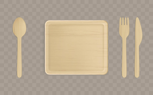 Wooden plate, fork, spoon and knife top view. - Vector, Image