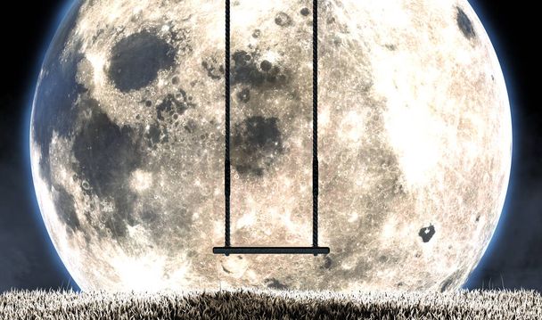 Balanço vazio das crianças e silhueta da lua
 - Foto, Imagem