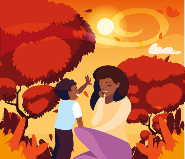 mother with son in autumn vector design - Vector, Image