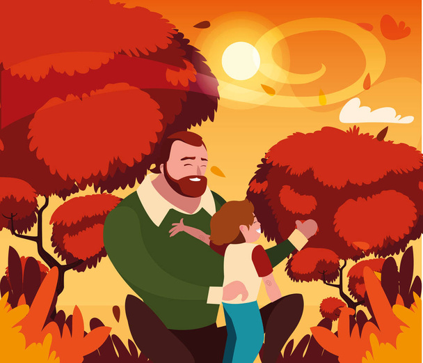 father with son in autumn vector design - Vector, Image