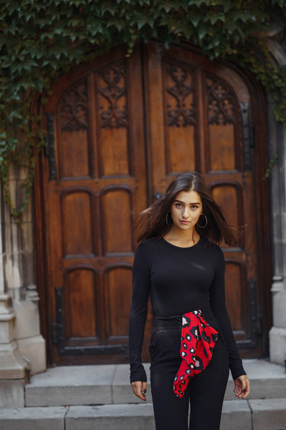 stylish brunette standing next to the entance to a building - Fotografie, Obrázek