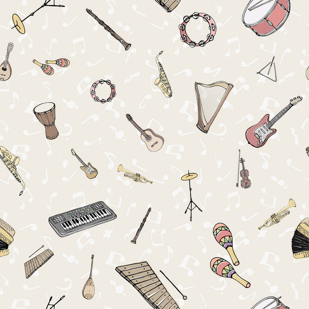 Vector seamless pattern with musical instruments. Multicolored h - Vector, Image