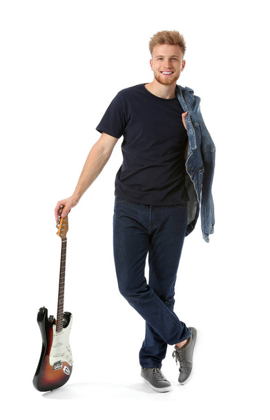 Handsome man with guitar on white background - Photo, image