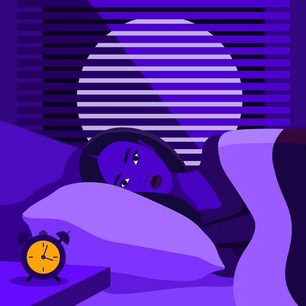 Kadın karanlık odada gözleri açık bir şekilde yatakta yatıyor. İyi geceler. Uykusuzluk ve uyku bozukluğu. Vektör düz resimleme - Vektör, Görsel