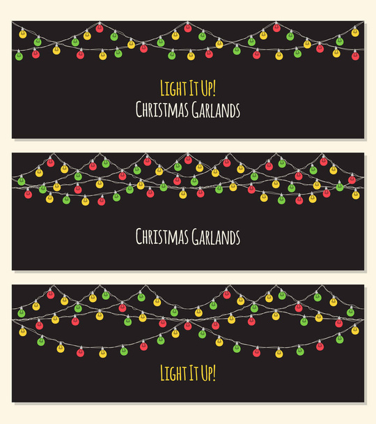 Set de lindos diseños navideños vintage con guirnaldas de bombilla dibujadas a mano fondo horizontal
 - Vector, Imagen