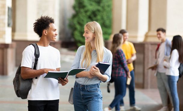 Μαθητές συζητούν, περπατούν στην πανεπιστημιούπολη μεταξύ των μαθημάτων - Φωτογραφία, εικόνα