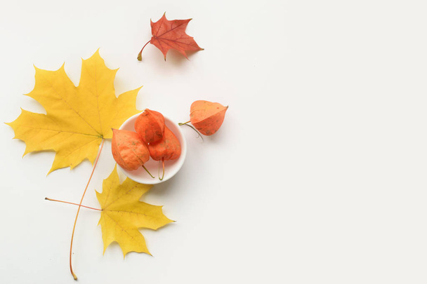 Autumn composition of frame of maple leaves and physalis. Flat lay, top view - Foto, Imagen