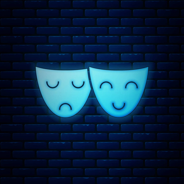 Lumineux néon Comédie et tragédie masques théâtraux icône isolée sur fond de mur de briques. Illustration vectorielle
 - Vecteur, image