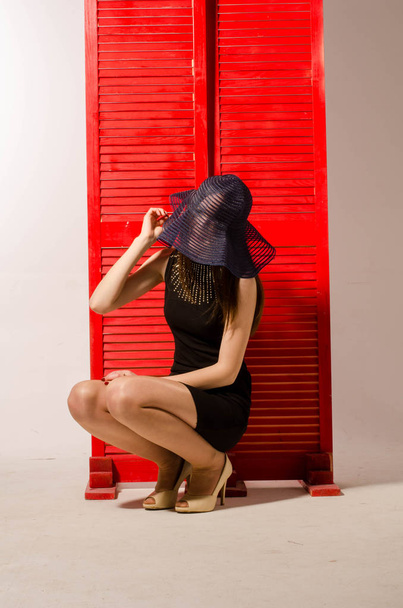 Красивая сексуальная брюнетка молодая женщина в черной кожаной короткой юбке, модная женщина с привлекательным телом позирует провокационно, в помещении. Чувственная девушка с большими сиськами
 - Фото, изображение