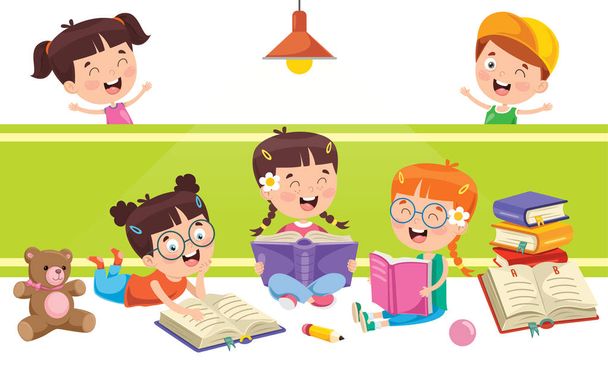 Niños pequeños de la escuela estudiando y aprendiendo - Vector, Imagen