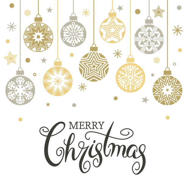 Christmas card or banner. Hanging Christmas balls of garlands and stars. Congratulatory text. Christmas holidays concept Xmas. - Vektor, obrázek