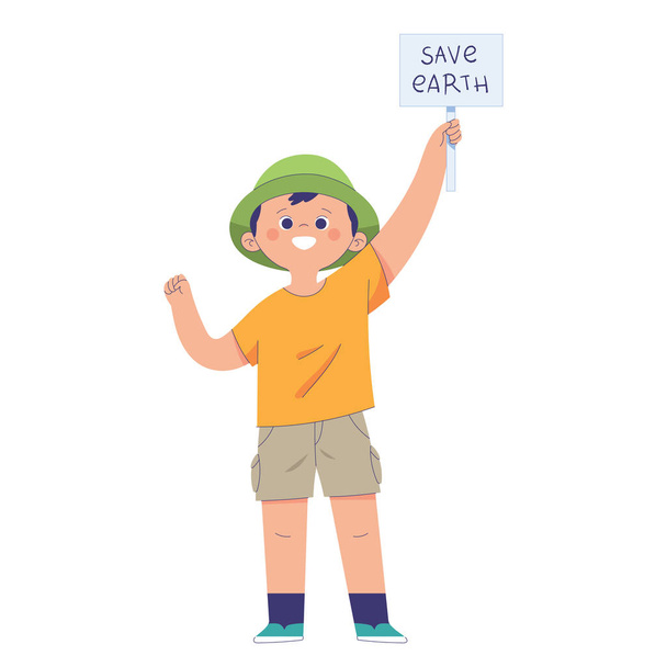 Küçük bir çocuk elinde "dünyayı kurtarın" yazan bir tabela tutuyor. - Vektör, Görsel