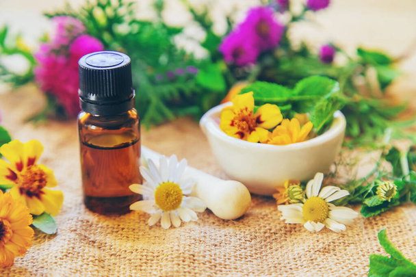 Homeopathy. Herbal extracts in small bottles. Selective focus. - Foto, imagen
