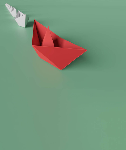 3D illustration of leadership concept, a red paper boat on the r - Photo, Image