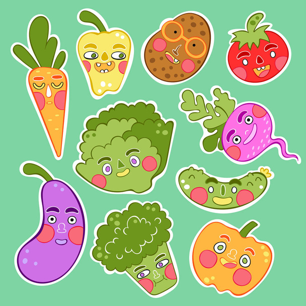 Fresh and cute vegetables set. Potatoes, carrots, radishes, beets, eggplant, pepper, cucumber, tomato, pumpkin, broccoli, salad. Isolated vector objects. - Vector, Image