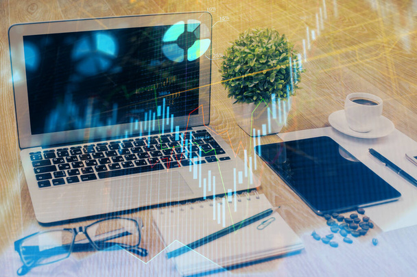 Double exposure of chart and financial info and work space with computer background. Concept of international online trading. - Photo, Image
