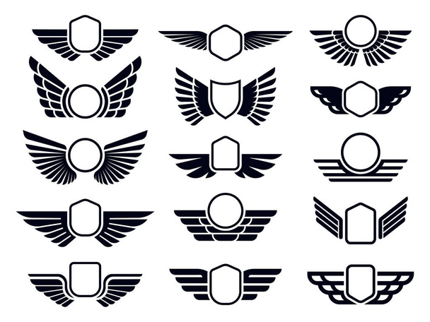Winged frames. Flying bird shield emblem, eagle wings badge frame and retro aviation fast wing symbol vector set - Vector, Imagen