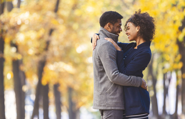 Dolce coppia nera che abbraccia nel parco autunnale
 - Foto, immagini