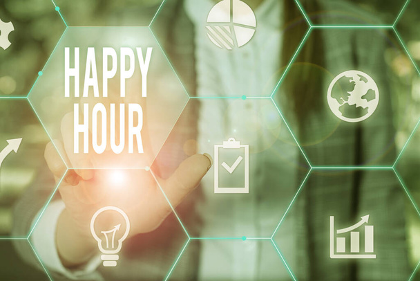 Text sign showing Happy Hour. Conceptual photo Spending time for activities that makes you relax for a while Female human wear formal work suit presenting presentation use smart device. - Photo, Image