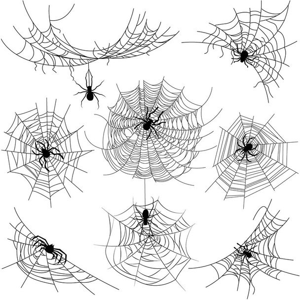 Set of spider web of different shapes with black spiders isolated - Vector, Image