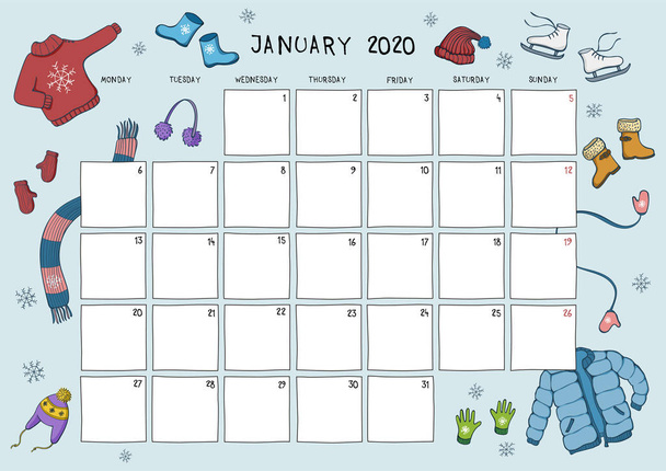 Милий календар і планувальник на січень 2020 року. Синій фон з барвистими ілюстраціями зимового одягу. A4 горизонтальний формат
. - Вектор, зображення