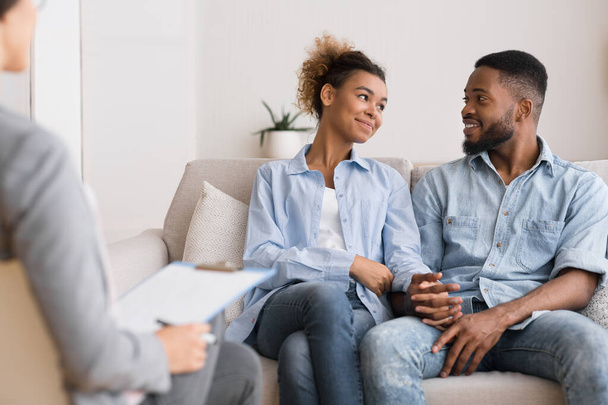 Loving Black Couple Visiting Therapy Session At Psychologists Office - Photo, Image