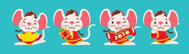Nouvel An chinois 2020. Jeu de personnage de souris mignon dessin animé avec costume traditionnel chinois. L'année du rat. Traduction : Lucky (Orange) - jeu de caractères de rat vecteur d'art plat
 - Vecteur, image