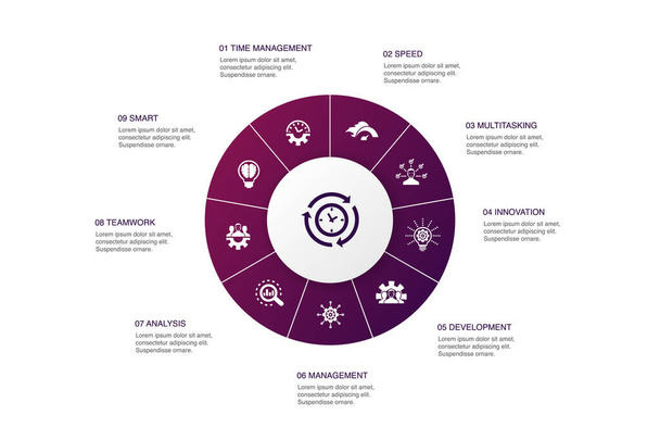 Effizienz-Infografik 10 Schritte Kreisdesign. Zeitmanagement, Geschwindigkeit, Multitasking, Teamwork-Symbole - Vektor, Bild