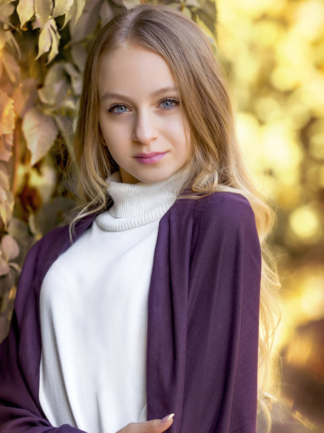young girl in nature in lilac on the background of the greenhous - Foto, immagini