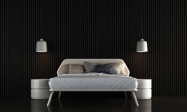 Μοντέρνο υπνοδωμάτιο εσωτερικό σχεδιασμό και μαύρη υφή τοίχο μοτίβο φόντο  - Φωτογραφία, εικόνα
