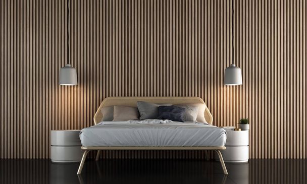 Moderno diseño interior de dormitorio minimalista y textura de madera patrón de pared fondo
  - Foto, imagen