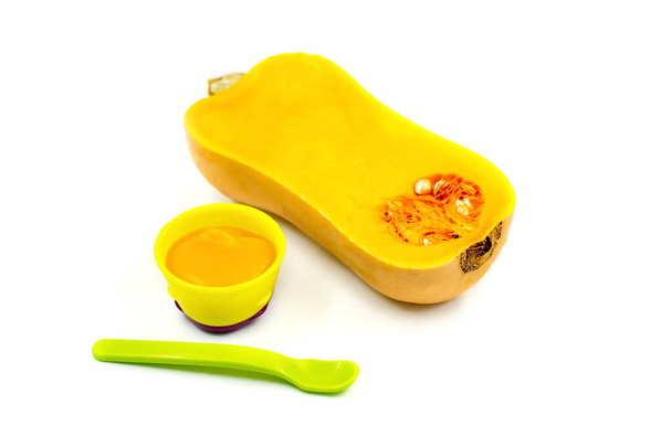 Baby first solids. Weaning. Homemade vegetable pumpkin puree - Photo, Image