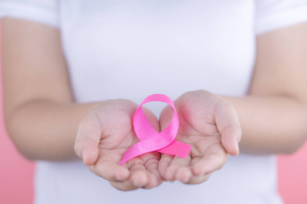 Healthcare, medicine and breast cancer awareness concept. Closeu - Φωτογραφία, εικόνα