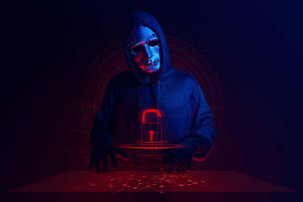 hacker man wear mask terrorist with virus computer attack robbery to unlock server network system online in data internet security hacking system concept - Photo, Image
