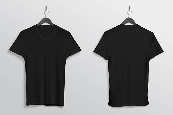 Hanging plain black v neck t shirt on wall. Front and back view. Isolated background.  - Zdjęcie, obraz